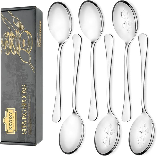 6 Piece Stainless Steel Serving Spoon Set - 3 Large, 3 Slotted,Dishwasher Safe,10-Inch,for Parties/Kitchen/Buffet/Catering