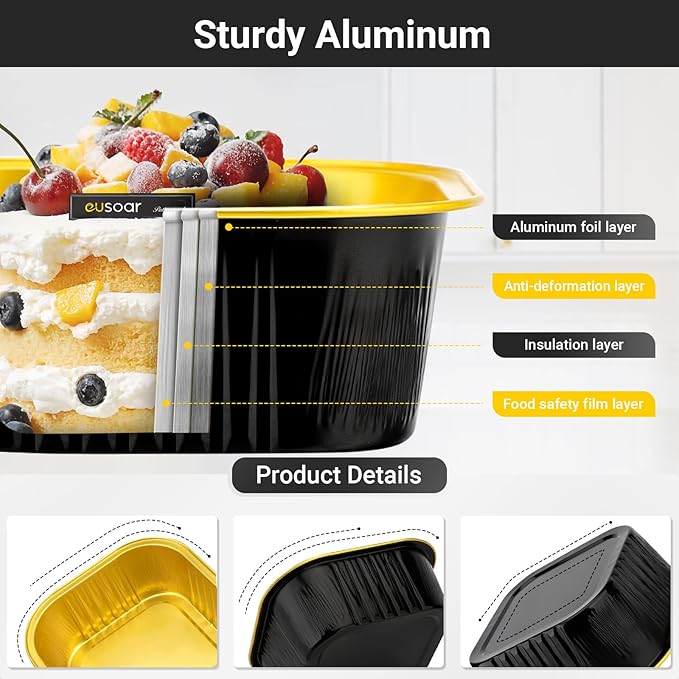 EUSOAR Disposable Ramekins with Lids, 10oz 100pcs Black Gold Aluminum Foil Baking Cups Tins Liners for Pie Quiche Soufflé Creme Brulee, Cake Pan Custard Cups Set for Gathering Dinner Wedding Banquets