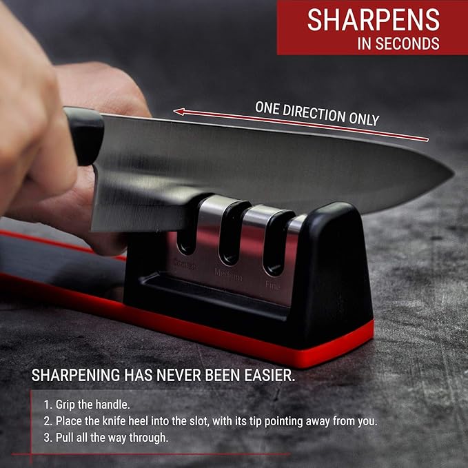 Kitchen Knife Sharpener - Complete 3-stage Knife Sharpener CS-T01 with Diamond Dust Rods, Sturdy Design, Non-slip Base Pat, Easy and Safe to Use, Fast and Effective Manual Sharpening Tool