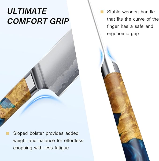 FINTISO Chef Knife 8 inch Kitchen Knife in S35VN Powder Steel Core Japanese Chef Knife, 7-Layers Clad Steel Cooking Knife Super Sharp Knife for Kitchen with Celestial Resin & Wood Handle Gift Box