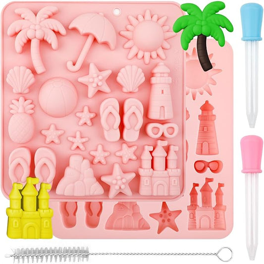 2 Pcs Summer Beach Theme Silicone Molds with 2 Droppers and 1 Brush, Silicone Pineapple Castle Sun Starfish Shell Chocolate Candy Mold for Summer Party Marine Baking Mold