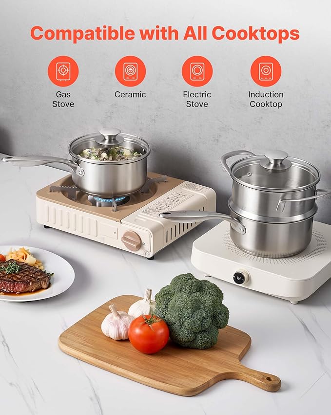 VEVOR 1.5 QT Saucepan with Steamer, Stainless Steel Saucepan with Glass Lid, Multipurpose Nonstick Stainless Steel Sauce Pot with Ergonomic Handle, Friendly for Oven, Dishwasher, Induction Cooker
