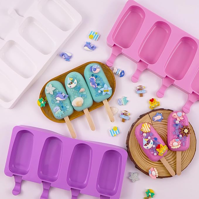 3pcs Large Silicone Popsicle Molds with Lids,4 Cavities Cake Pop Molds,Oval Ice Cream Bar Mold Ice Pop Cakesicle Molds Silicone with 100 Wooden Sticks & 100 Bags &100 Twist Ties(White)