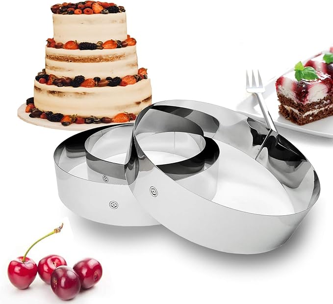 NewlineNY Stainless Steel Cake Mousse Rings for creating Round Appetizers, Molded Salads, Cakes, Mousse and Desserts, 3 Round Cake Mousse Flan Rings 8", 9.5" 10.5" Set