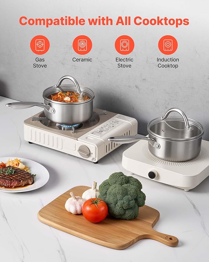 VEVOR 1.5 QT Saucepan, Stainless Steel Saucepan with Glass Lid, Multipurpose Nonstick Stainless Steel Small Cooking Sauce Pot with Ergonomic Handle, Friendly for Oven, Dishwasher, Induction Cooker