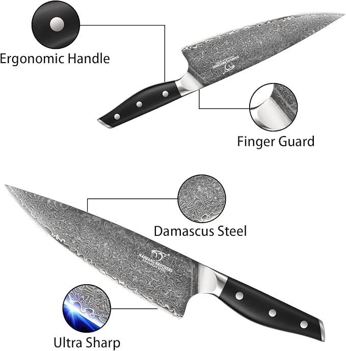 Damascus Knife Set with Block for Kitchen, VG10 Steel Chef Knife Set with Triple-Rivet Handles, Knife Sharpener, Natural Ash Wooden Knife Block, 10PCS