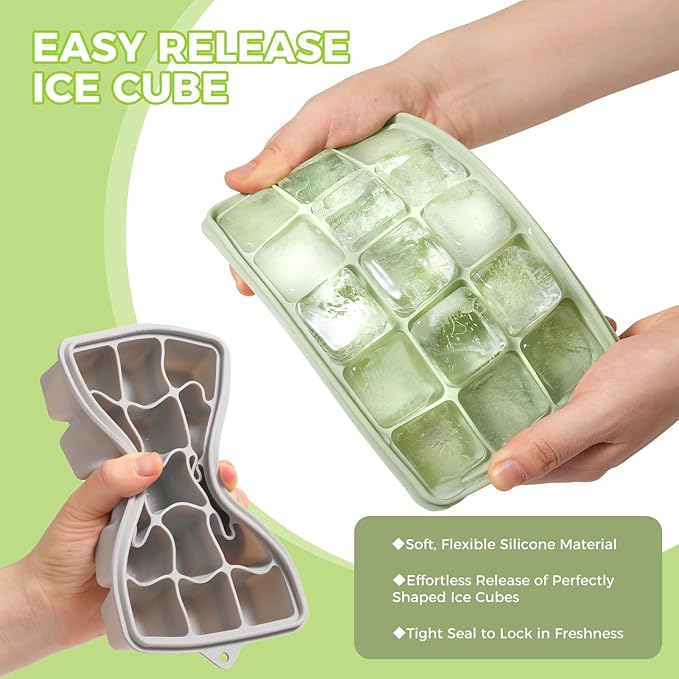 Silicone Ice Cube Trays with Lid, Set of 4, Easy Release Ice Molds, Reusable and Stackable Ice Trays for Freezer for Cocktail, Whiskey, Baby Food, BPA Free (green)