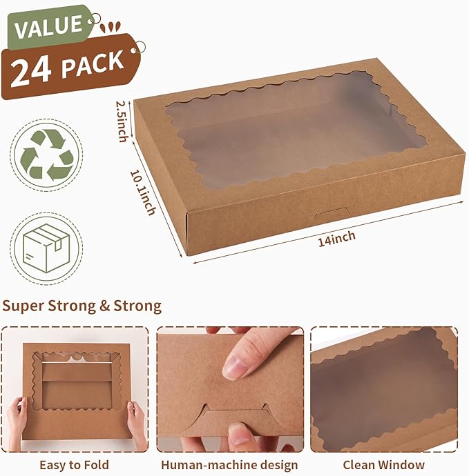 24 pcs Cookie Boxes,14x10x2.5 Inch Large Bakery Boxes with Window for Pies Chocolate Strawberries Muffins Donuts Pastry Dessert Christmas(Brown) (Brown, 14 * 10 * 2.5inch/24pcs)