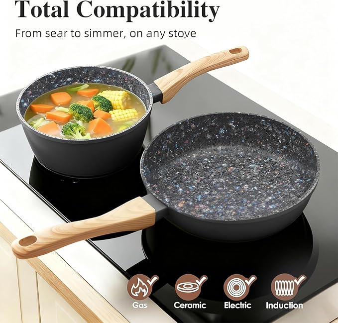 Nonstick Cookware Set, 2-Piece Non-Toxic Coated 8.5 Inch Frying Pan & Saucepan with Lid, PFOA Free Dishwasher Safe, Induction Compatible, Beginner Kitchen Pots and Pans Set, Black