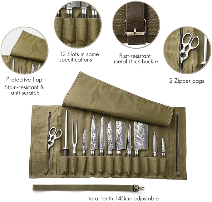 HEZHEN Chef Knife Roll Bag 16oz Oil Waxed Canvas, Heavy Duty Portable Backpack Knife Case Storage, 12 Slots & 2 Zipper Pockets, Detachable Adjustable Leather Shoulder Strap Belt（Not Included Knives）
