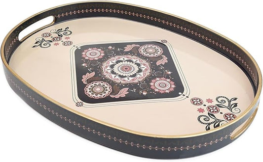 Oval Plastic Serving Tray with Handles, Elegant Decorative Tray for Coffee Table, Ottoman, Living Room, Kitchen, Outdoor Use. 10"*16"*1.4" C