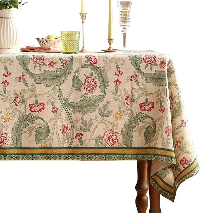 patdrea Designer Green Long Table Cloth for Rectangle Table,Vintage Linen Leaves Pattern Tablecloth,Floral Decor Cover for Kitchen Dining Christmas,Tea Party,Thanksgiving,63"x94"-Cecilia a