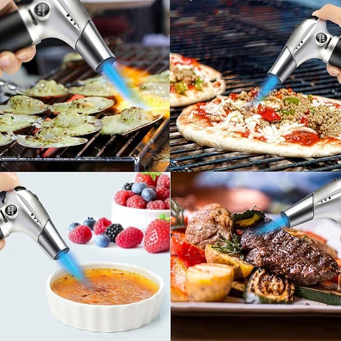 Blow Torch, Home-Grade Kitchen Cooking Torch with Lock Adjustable Flame Refillable Mini Blow Torch Lighter for BBQ, Baking, Brulee Creme,Light Cooking Tasks,DIY Soldering (Butane Gas Excluded)