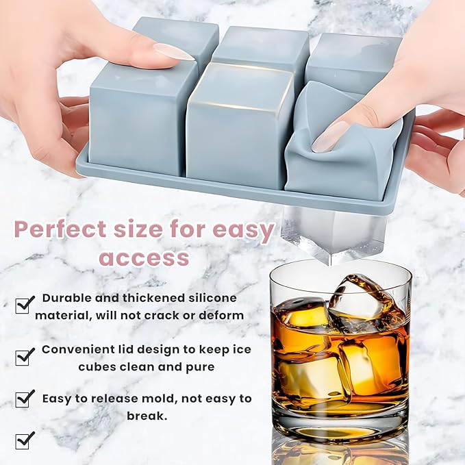 Large Silicone Ice Cube Trays with Lid, 6 Big Ice Cubes per Tray, Include 19.5cm/7.7in Ice Tongs - Perfect for Freezer, Whiskey, Cocktails