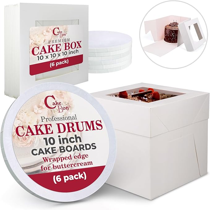 Cakebon Cake Boxes with Boards - 10 Inch Round Cake Drum White (6-pack) - Box With Window for Birthdays, Weddings and Parties