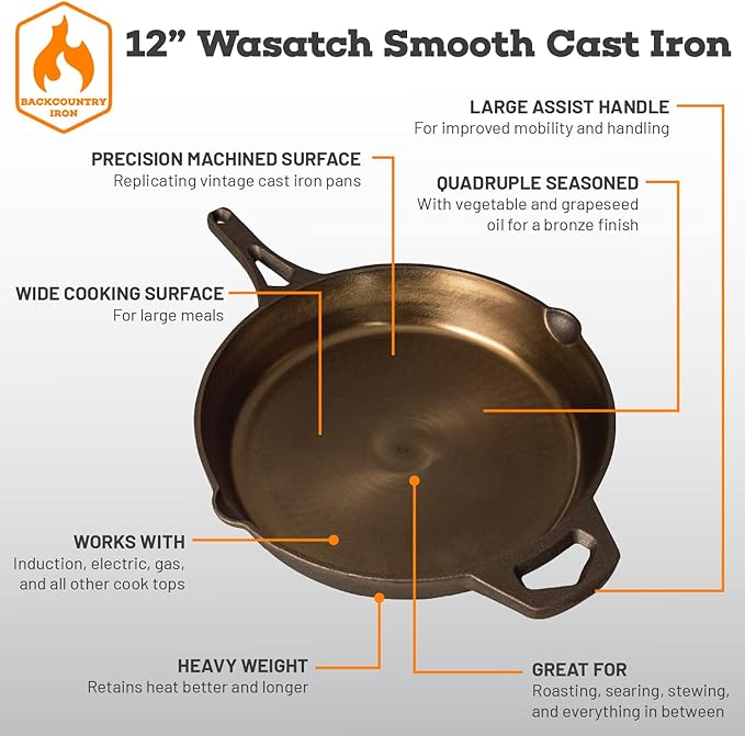 Backcountry Iron 12 Inch Smooth Wasatch Pre-Seasoned Round Cast Iron Skillet