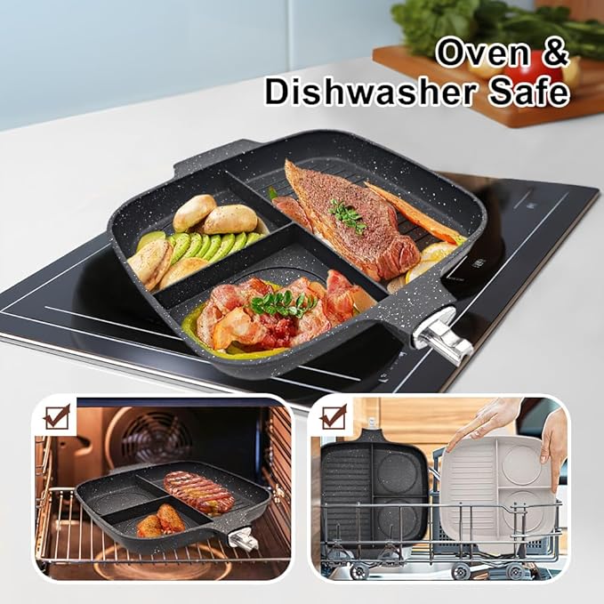 3 in 1 Grill Pan for Stove Tops with Detachable Handle, Nonstick Versatile Griddle Divided Pan, Square Skillet PFOA Free, Black