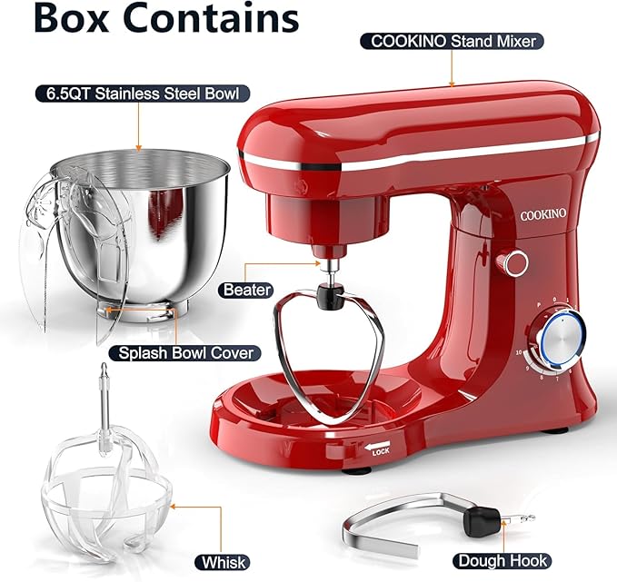 Electric Stand Mixer,10 Speeds 660W Tilt-Head Food Mixer, 3-IN-1 Kitchen Mixer for Daily Cooks with 6.5 QT Bowl,Dough Hook, Beater, Whisk (Empire Red)