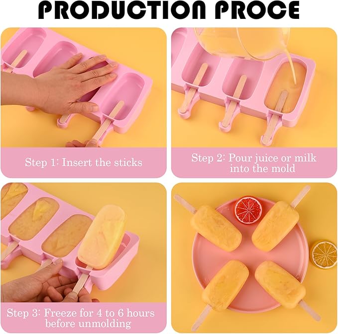 Sakolla Large Silicone Popsicle Molds Set of 3, Oval 4 Cavities Homemade Ice Pop Molds with 150 Wooden Sticks for Ice Cream, Cakesicles, Cake Pop (Pink)