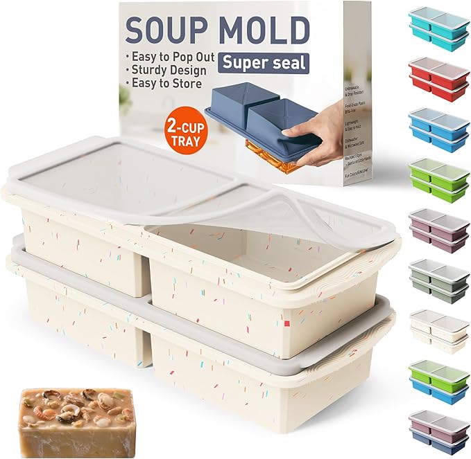 Silicone Freezer Tray with Lid Soup Freezer Container Molds with Steel Reinforced Rim Large Ice Cube Freezer Molds Soup, Sauce, Leftovers, Homemade Meal Prep Freezing Kitchen Storage Containers Cream