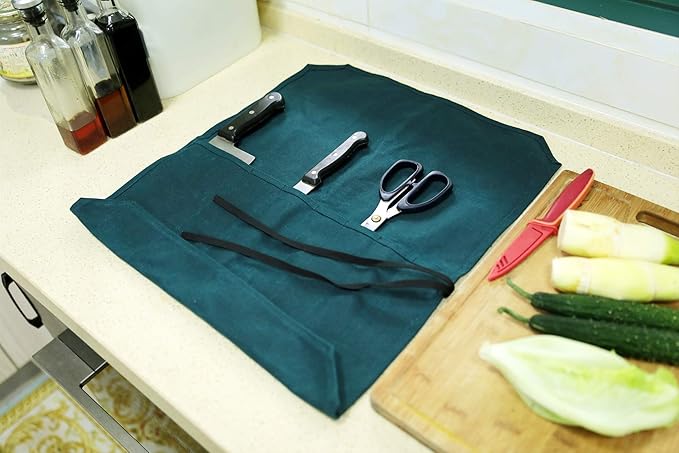 Denifiter Heavy Duty Waxed Canvas Chef Knife Storage Roll Bag With 7 Slots, Waterproof And Durable (Dark Green)
