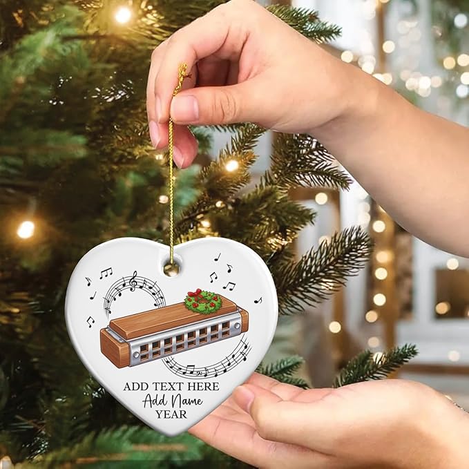 Personalized Harmonica Christmas Ceramic Ornaments, Harmonica Musical Instrument Xmas Tree Ornament 2025, Custom Music Lover Christmas Ornament with Text Name & Year, Gift for Music Teacher