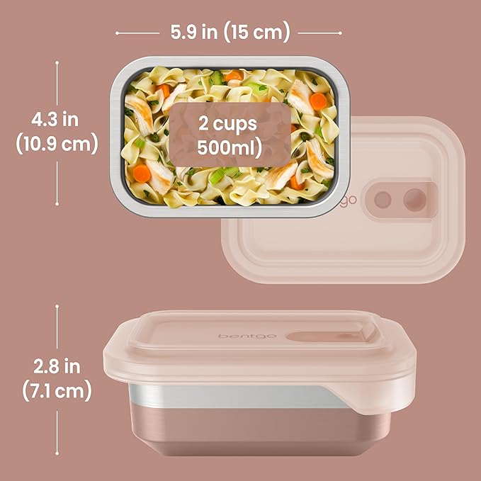 Bentgo MicroSteel Heat & Eat Container – Microwave-Safe, Leak-Proof, Easy-to-Clean, Lightweight Stainless Steel Reusable Food Storage with Airtight Silicone Lid (Snack Size; 2-Cup Capacity; Rose)