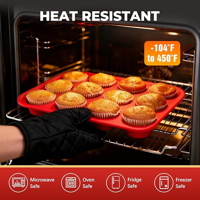Silicone Muffin Pan for Baking: 24 Cup Muffin Pan with Metal Reinforced Frame, Regular Size Cupcake Egg Bites Molds for Baking, BPA Free Silicone Muffin Tray, Dishwasher Safe (2 Pack, Red)