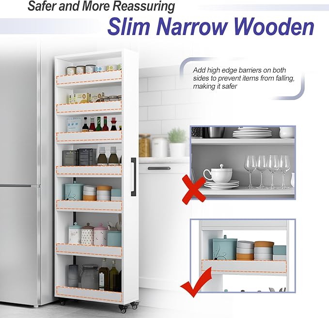 7-Tier Slim Storage Cart, Wooden Rolling Pantry Cabinet with Wheels, Narrow Shelf Organizer for Kitchen, Bakers Rack, Dining Room, Closet, Small Spaces Light Walnut 73.2''H*9.8''W*19.6''D