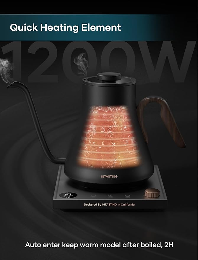 Electric Kettle, Gooseneck Electric Kettle, ±1℉ Precise Temperature Control, Stainless Steel Interior, Quick Heating for Pour Over Coffee, Tea & Boiling Water, 0.9L (Wood Black)