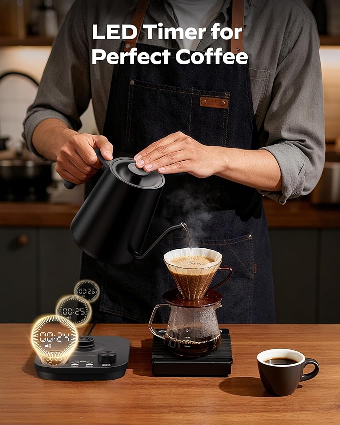 Silonn Gooseneck Kettle, Electric Kettle with ±1°F Precise Temperature Control, Pour-Over Coffee,100°C Hold for 4-Hour Warmth, LED Brew Timer and 7 Presets, 304 Stainless Steel Kettle, 1200W/0.9L