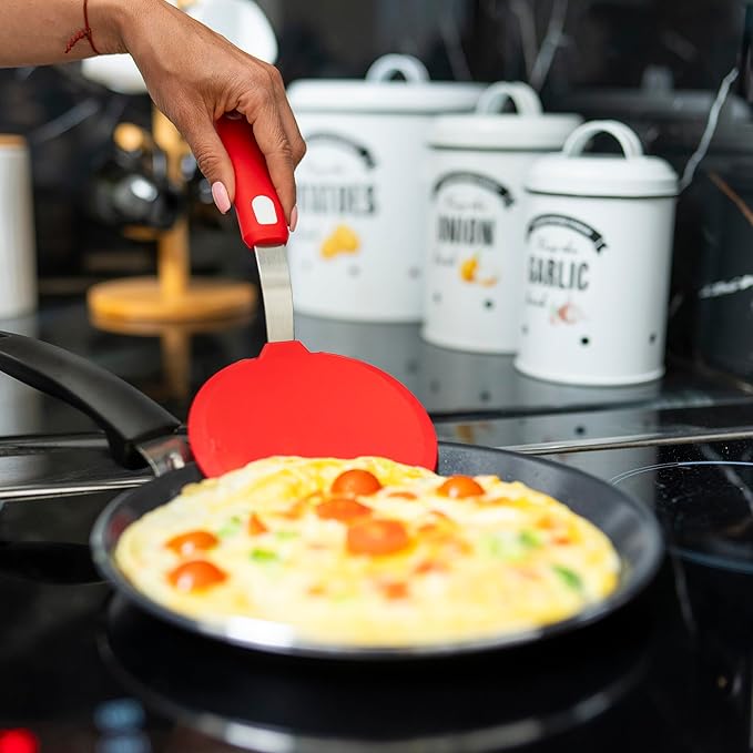 Silicone Pancake Spatula | Wide Beveled Edge Flipper with Stainless Steel Curved Handle | Heat Resistant Non-Stick Cooking