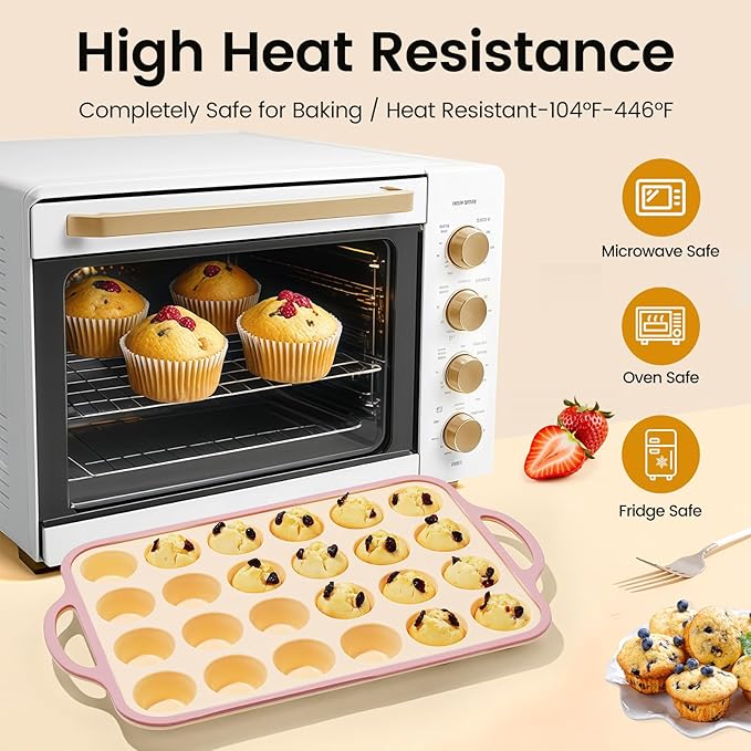 Silicone Mini Muffin Pan With Metal Reinforced Frame - 24 Cups Durable Silicone Cupcake Pan for Muffin, Cupcakes, BPA Free and Dishwasher Safe - 2 Piece Yellow