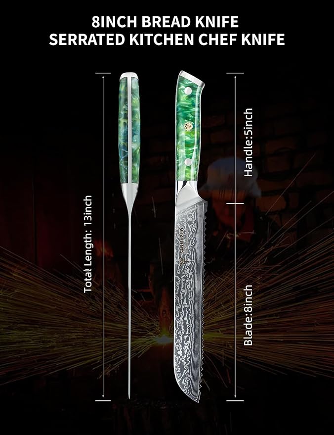 8” Bread Knife Serrated Kitchen Chef Knife - Damascus Steel & Resin Handle - Xuan Series (Jade Green)