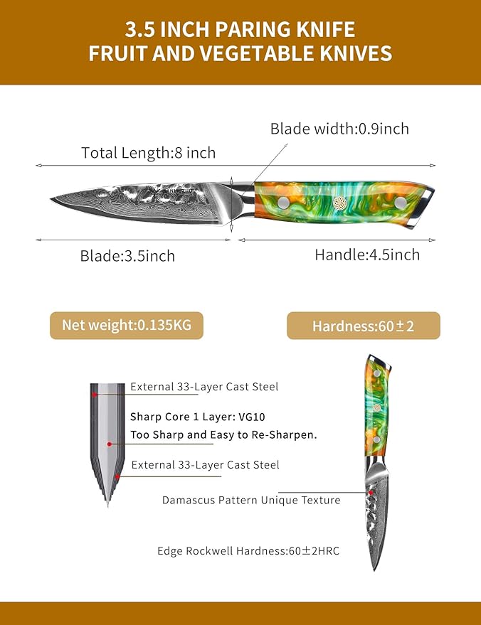 3.5 Inch Paring Knife - Fruit and Vegetable Peeling Knives, Forged Damascus Steel & Resin Handle - Yao Series