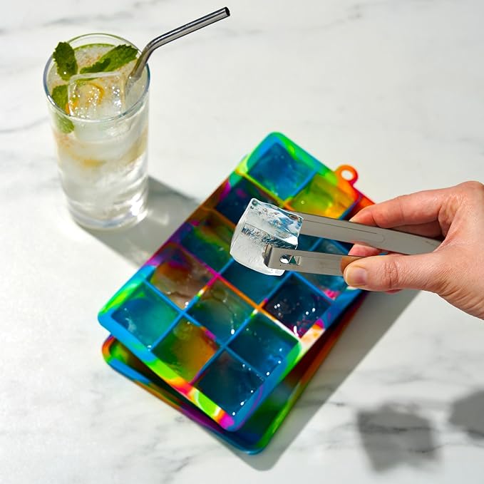 Host Ice Cube Tray with Lid, Makes 15 1.25" Cubes, Durable Silicone Trays, Perfect for Cocktails, Beverages, Mocktails, Iced Coffee, Tea, Infused Water, Kitchen Essentials, Set of 1, Colored Marble