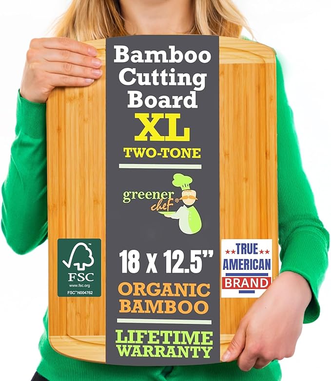 Organic Extra Large Bamboo Cutting Board with Lifetime Replacements –18 x 12 Inch Reversible Wooden Kitchen Chopping Board with Juice Groove – Used to Chop, Slice, Carve & Serve – by Greener Chef