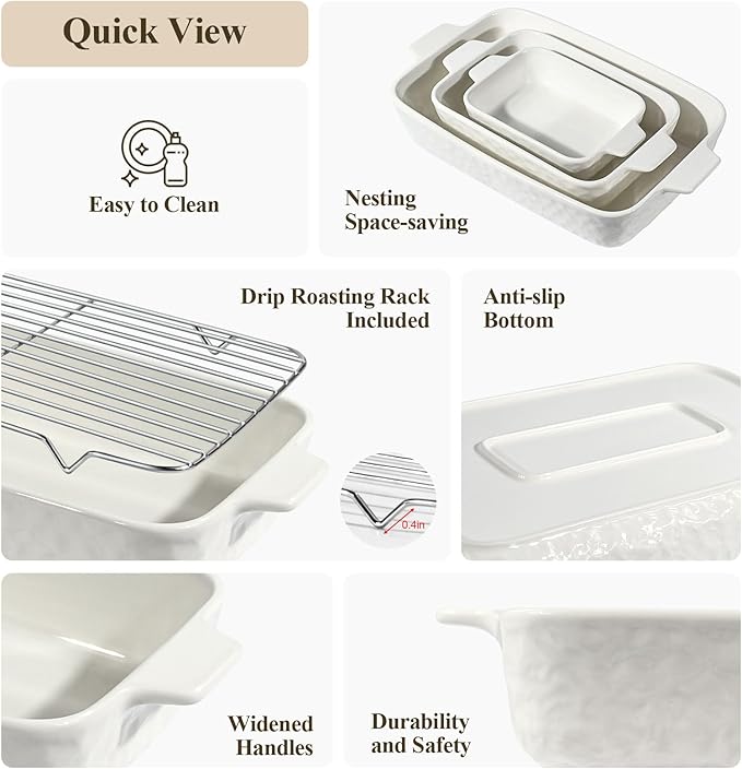 Ceramic Bakeware Set, Porcelain Rectangular Lasagna Pans Casserole Dish Set for Baking, Cooking, Kitchen, Cake Dinner, Banquet and Daily Use, Stackable Nesting, 3 PCS (cream white)