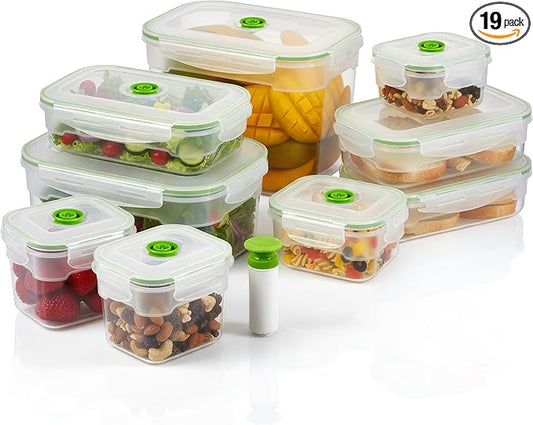 Lasting Freshness Vacuum Seal Food Storage Containers with Hand Pump – BPA-Free Plastic, Airtight Meal Prep & Leftovers Containers, Keep Food Fresh 5X Longer, 19-Piece Set