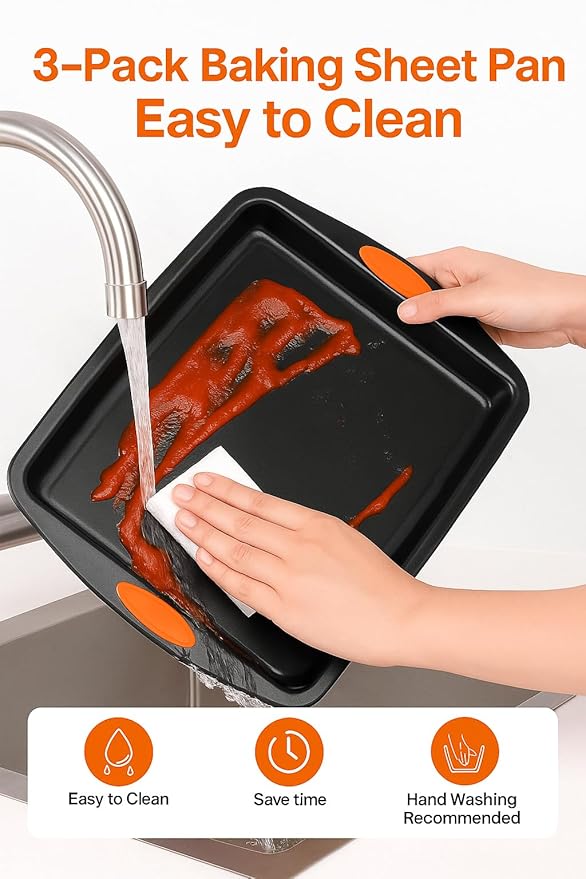 3-Pack Baking Sheet Pan Set, Nonstick Cookie Sheets with Orange Silicone Handles, Easy to Clean Bakeware Trays for Oven Roasting & Baking