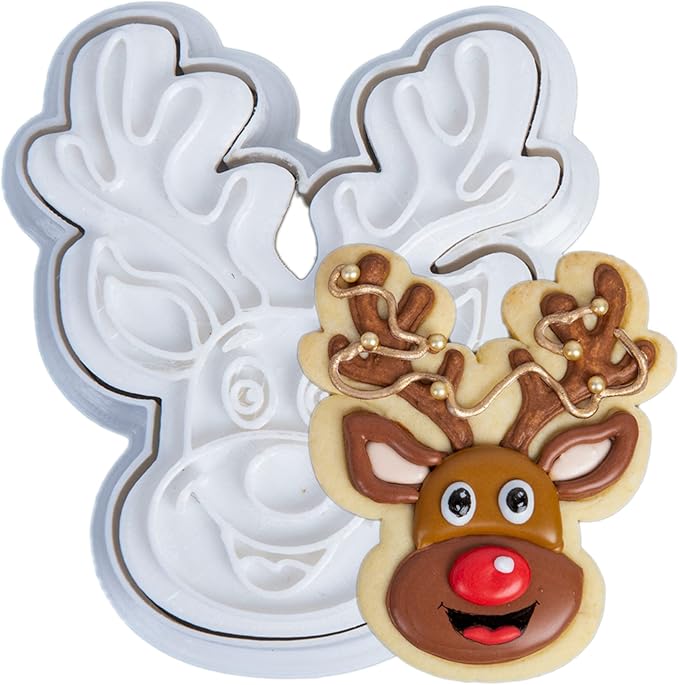 Flycalf Christmas Cookie Cutters Reindeer Shapes with Plunger Stamps Holiday PLA Baking Accessories Cutter Molds Gifts Decorative Party 3.5" Kitchen Cake Supplies