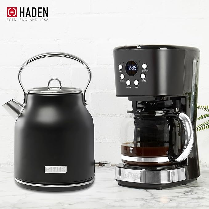 HADEN Coffee Machine, 12 Cup Drip Coffee Maker Bundled with Heritage 1.7 Liter Stainless Steel Electric Kettle, Black & Chrome