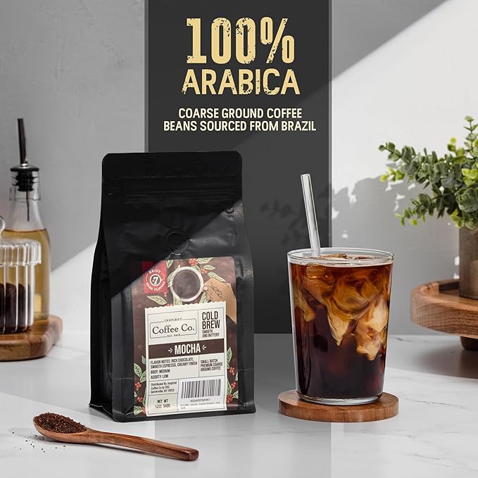 Inspired Coffee Co Mocha Flavored Cold Brew Coffee Coarse Ground Coffee Beans Medium Roast - Low Acid Coffee Smoother Taste - 100% Arabica - 12 oz. Resealable Bag