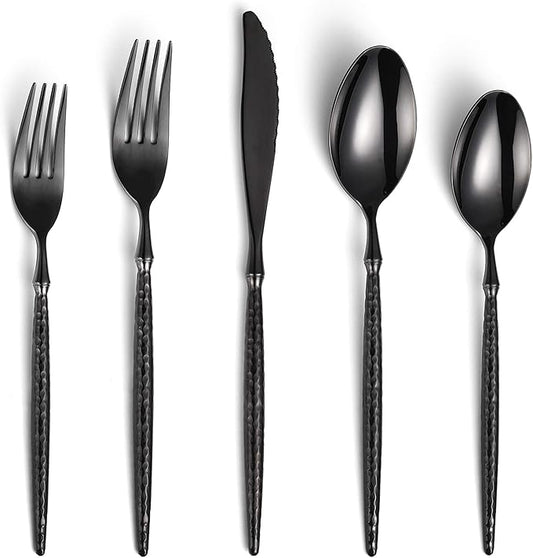 Lemeya 20-Piece Hammered Black Silverware Set,18/10 Stainless Steel Forging Heavy Duty Cutlery Set for 4, Luxury Unique Flatware Set,Spoons and Forks Set,Mirror Polished,Dishwasher Safe