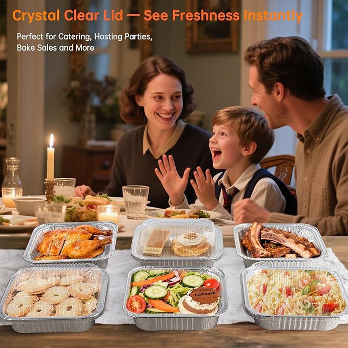 8x8 Aluminum Pans with Clear Lids - 20 Pack Disposable Baking Pans, Heavy Duty Tin Foil Trays for Cake Baking, Cooking, Heating, Storing, Prepping Food