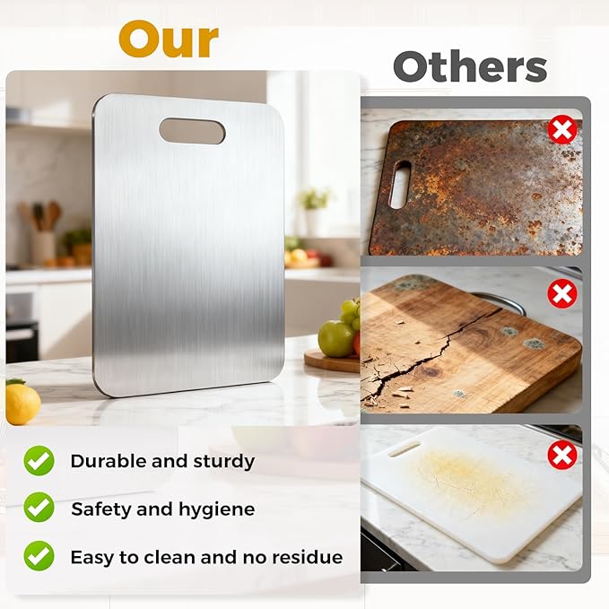 Tavano Titanium Cutting Board,100% Pure Titanium Cutting Boards for Kitchen,Double-side Available Cutting Board for Vegetables,Meat,Fruits,Easy to Store and Clean(M+L)