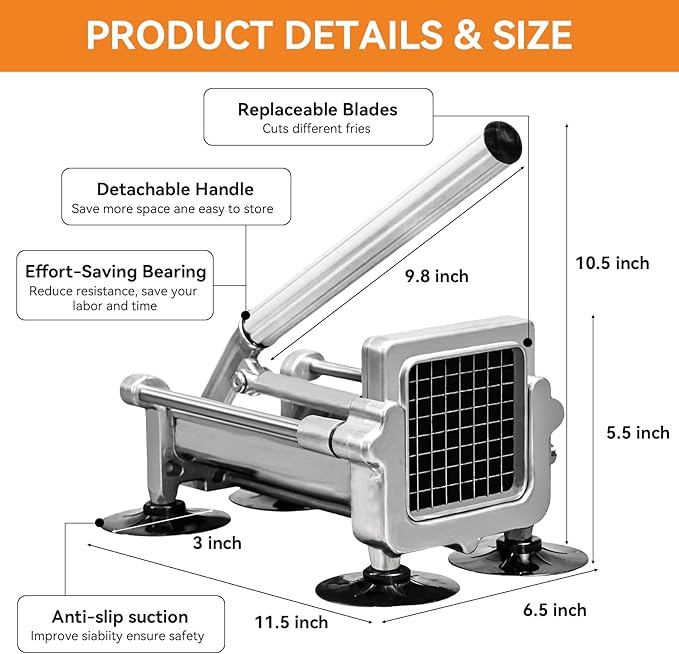 Commercial French Fry Cutter Stainless Steel.Potato Cutter for French Fries with 1/2 and 3/8Inch Blade, Commercial French Fry Cutter Manual Potatoes Cutting Machine with Suction Feet.