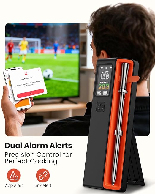 Wireless Bluetooth Smart Meat Thermometer: ±0.5°F Precision, 1 Probe with 6 Sensors - WiFi Thermometer NIST Certified Accuracy, LED Smart Base, Long-Range for BBQ, Oven, Smoker, Rotisserie