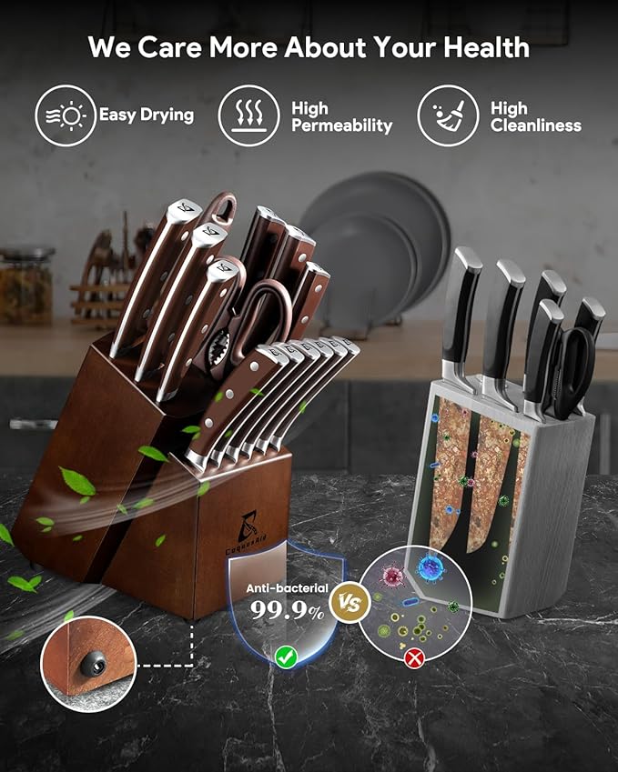 Knife Set, New 15° Beveled Easy Insert, 15 Pcs Kitchen Knife Block Set with Block and Sharpener, German Vacuum Oil Cooled Crafted, Countertop-Free Steak Knife Set, Stainless Steel Brown