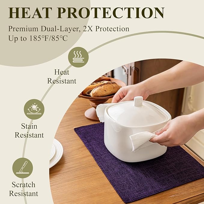 KXN Placemats Set of 8, Dual-Layer Thickened Faux Linen Table Mats, Heat Resistant & Wrinkle-Free, Machine Washable Cloth Place Mats for Kitchen Dining Indoor Outdoor (Purple)